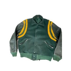Vintage 1950s Butwin Green Yellow‎ Wool Leather Letterman Jacket Men's Sz 46
